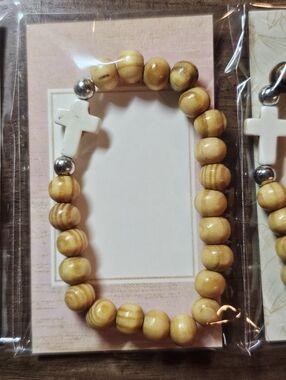 Light Brown Wood Beaded Bracelet with Cross Accent
